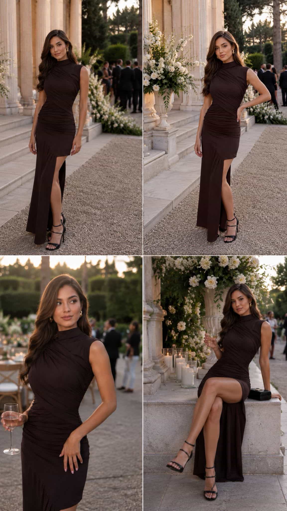 Collage of a female model wearing a brown asymmetric maxi dress with a high neckline and side slit