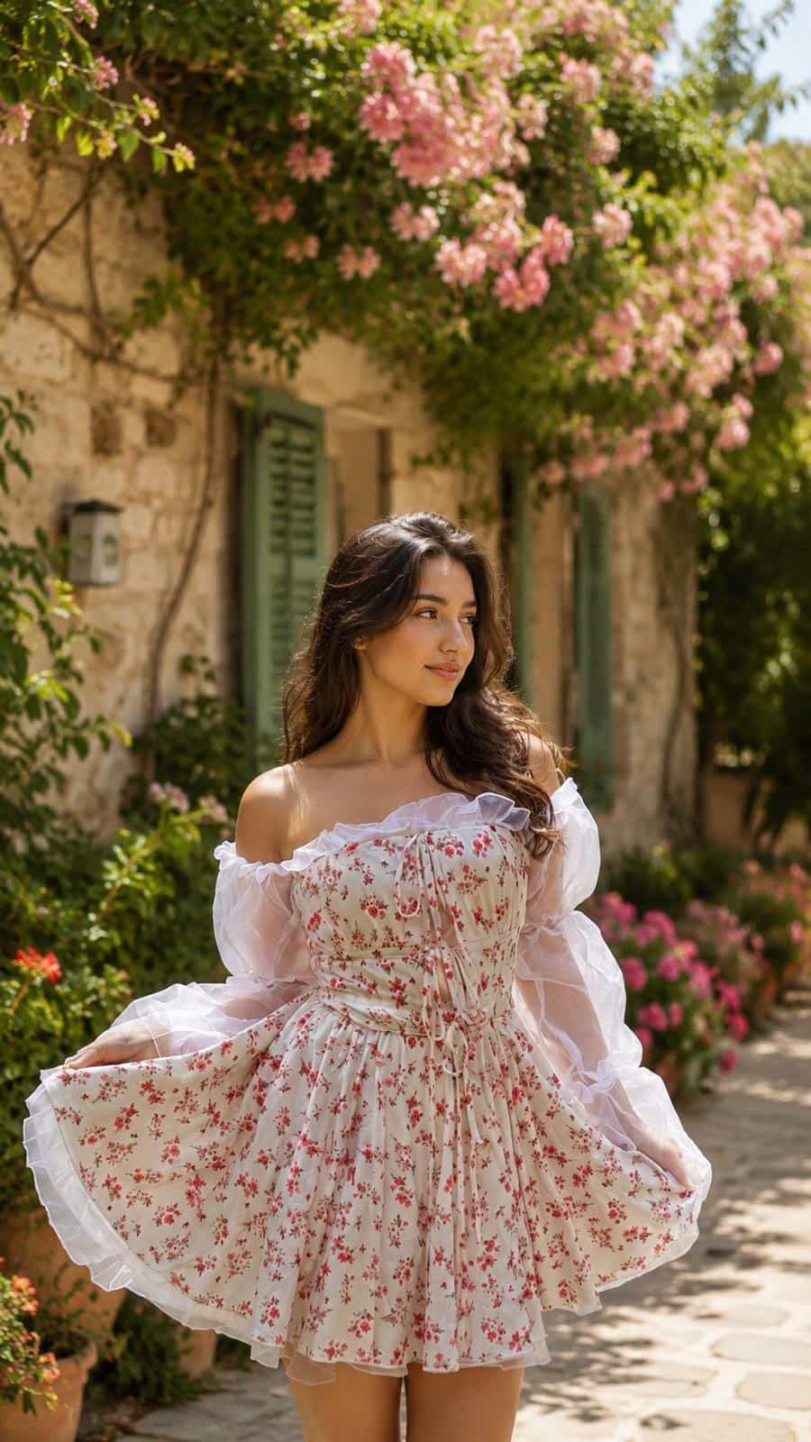 Female model wearing a white Floral Mini Dress with red floral print and sheer off-shoulder sleeves