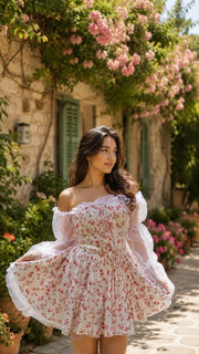 Female model wearing a white Floral Mini Dress with red floral print and sheer off-shoulder sleeves