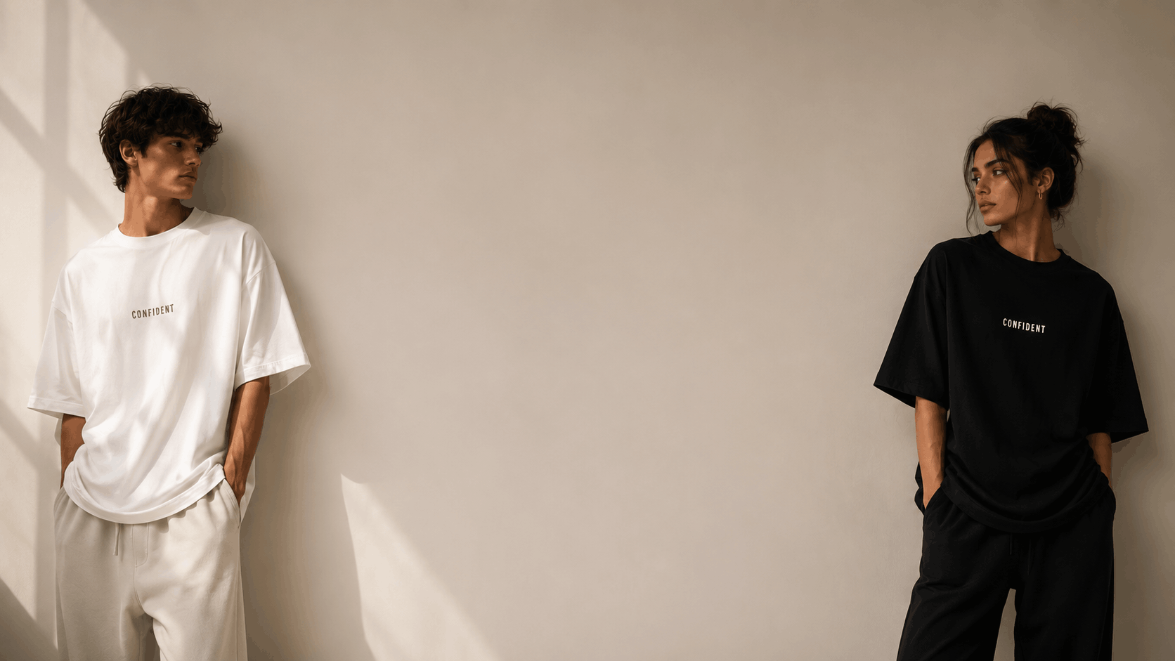 Male and female models wearing white and black S&A Collection CONFIDENT oversized T-shirts