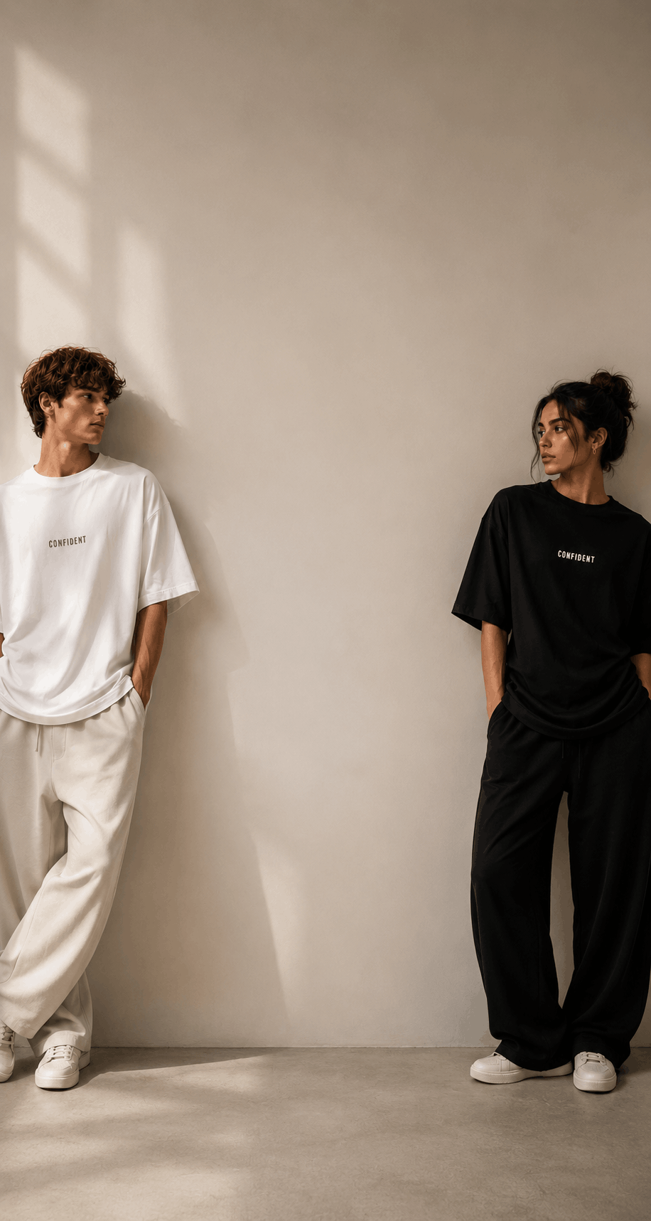Models wearing black and white CONFIDENT oversized T-shirts