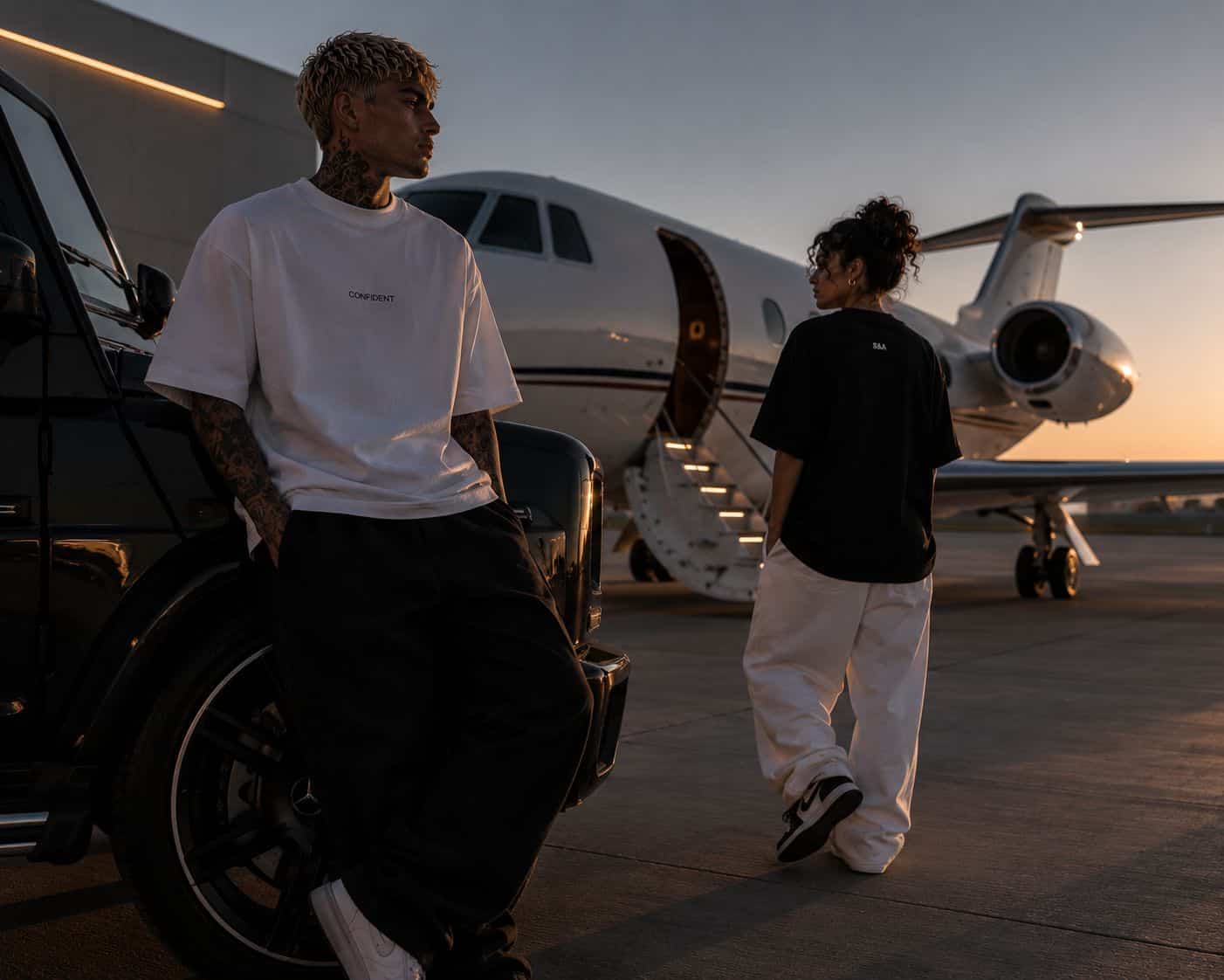 Male and female models wearing white and black S&A Collection CONFIDENT oversized T-shirts beside a private jet