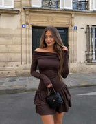 Female model wearing a brown Off-Shoulder Mini Dress with a ruffled skirt
