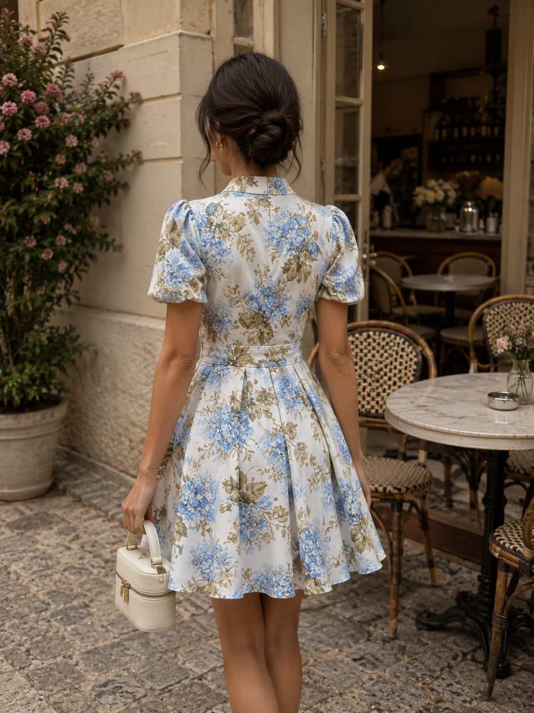 Back view of a female model wearing the White And Blue Flowers Dress